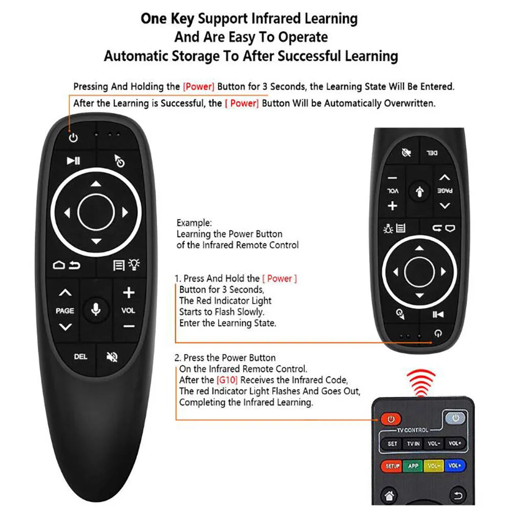 G10S Pro intelligent wireless remote control with silicone buttons, showing backlight and gyroscope for air mouse control.
