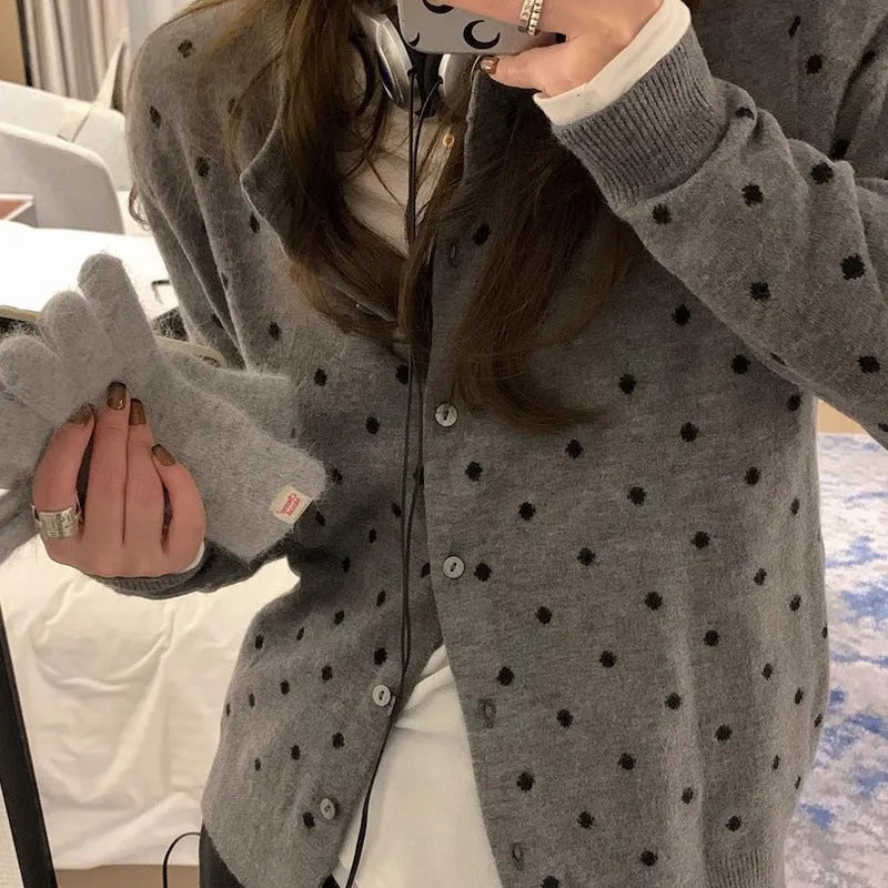 Women's grey dot knitted cardigan with crochet flowers, long sleeves, and loose fit