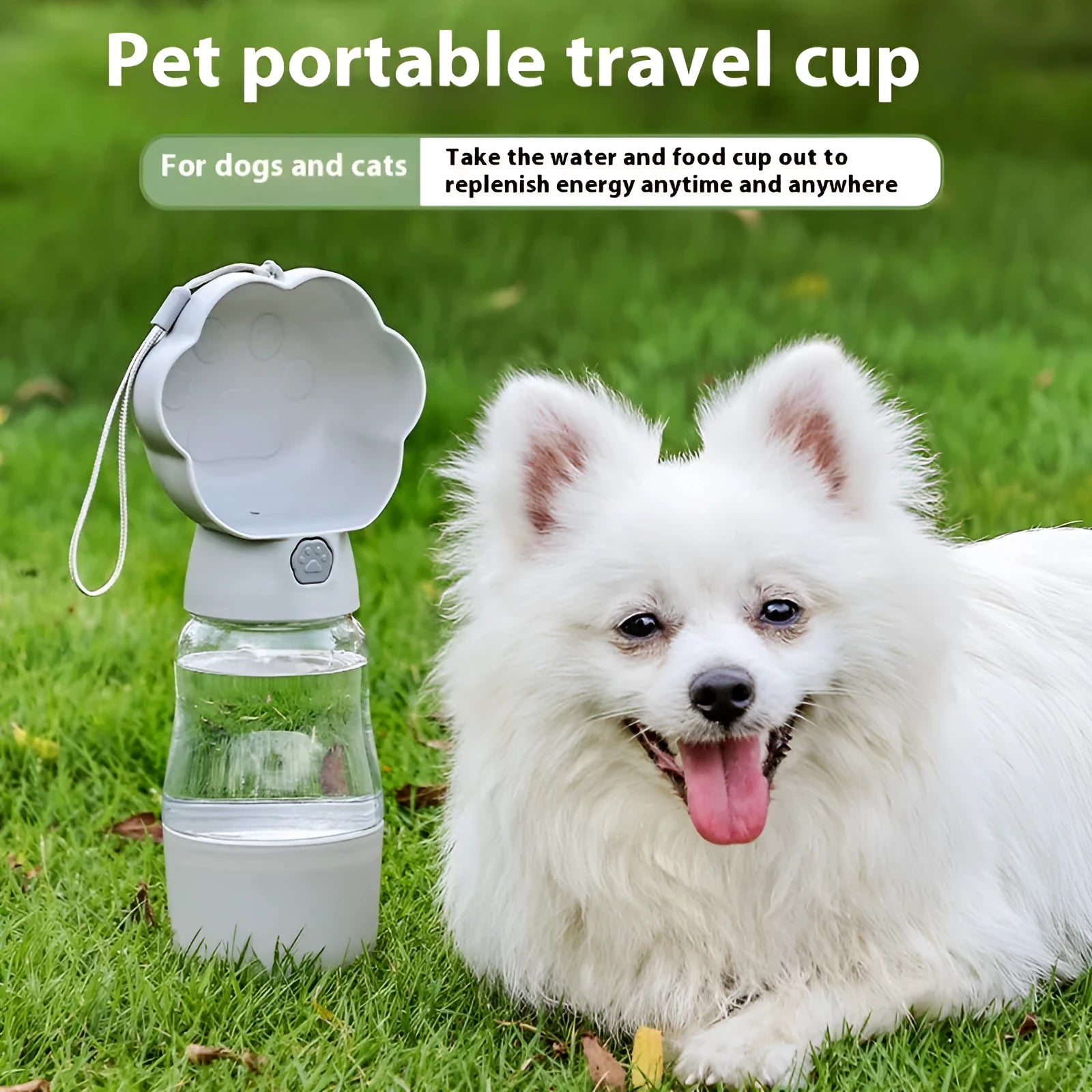 Portable dog water cup in yellow with 320ml capacity and separate food cup