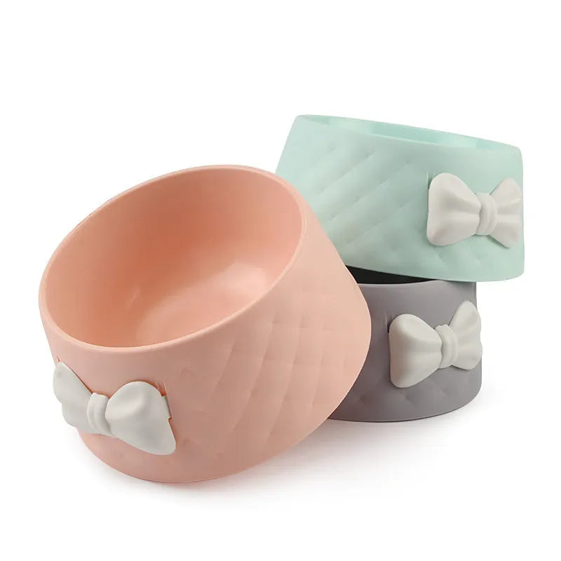 PP plastic pet bowl with bow and animal face design in pink, green, or grey colour options