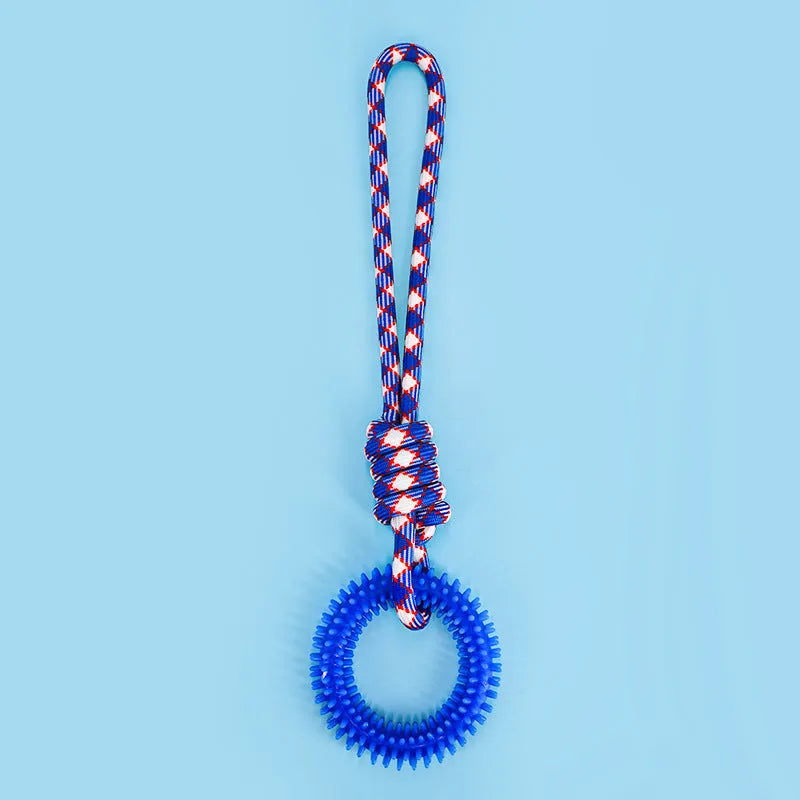 Blue braided rope dog toy with knots measuring 43cm long for puppy chewing