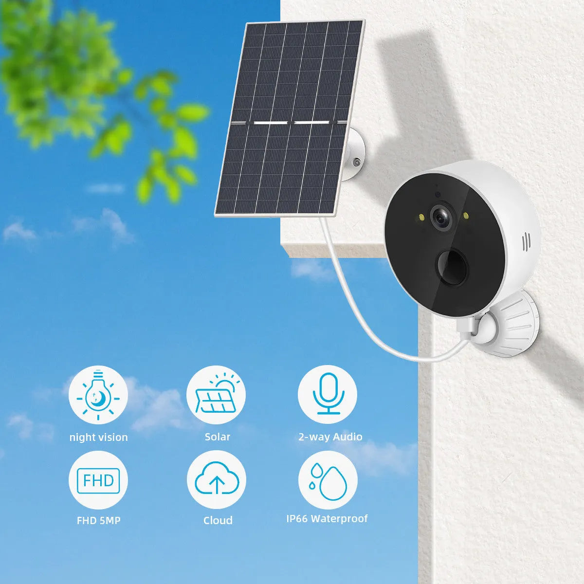 Solar-powered outdoor security camera with separate solar panel unit