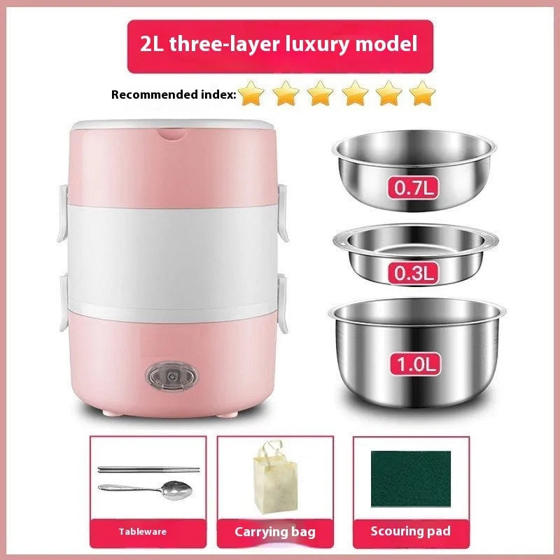 Double layer pink portable plug-in insulated lunch box with stainless steel inner liner