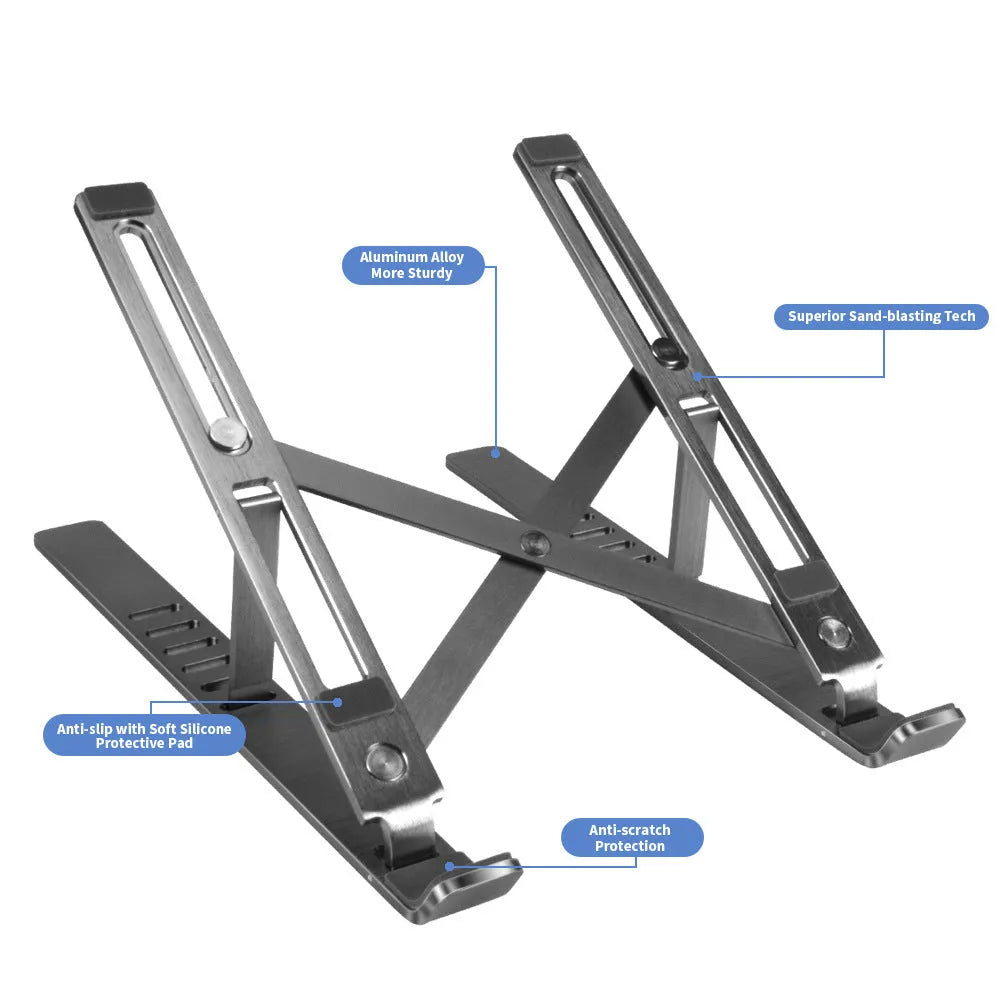 Aluminium laptop stand shown in silver colour with six height adjustment positions visible