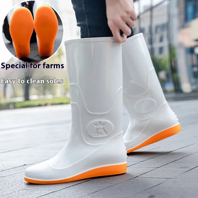 White plastic rain boots with high tube design and flat heel for outdoor labour protection