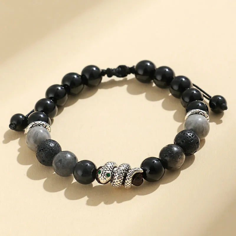Handmade adjustable agate couple bracelet in black or white with turquoise accents and snake chain