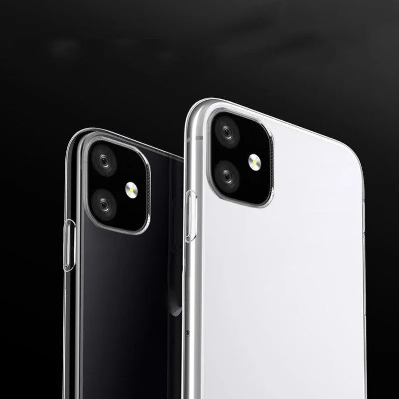 Transparent soft TPU case on an iPhone, showing the phone's screen and colour through the clear material.