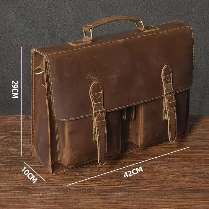 Genuine cowhide leather computer crossbody bag for business travel with anti-theft features