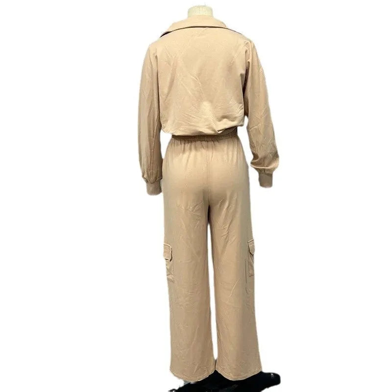 Women's light camel polyester two-piece workwear set with lapel top and wide-leg trousers