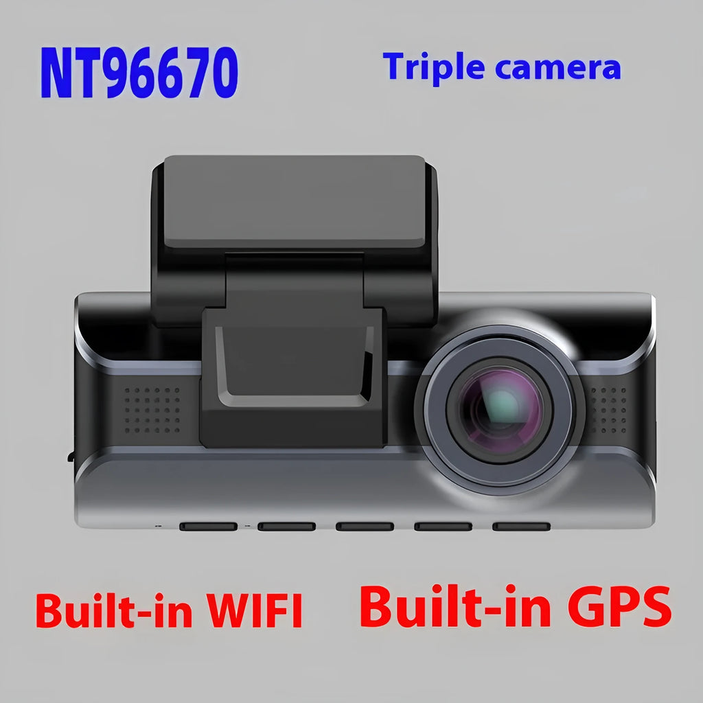 Front and rear view of a dual-lens car dash camera with 3-inch screen mounted on bracket