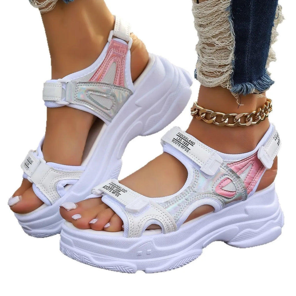 Women's black platform Roman sandals with PU upper and rubber sole