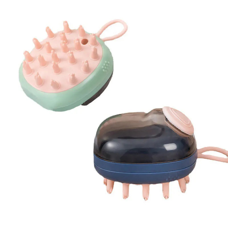 Blue pet grooming brush with integrated shampoo dispenser for bath time use with cats and dogs
