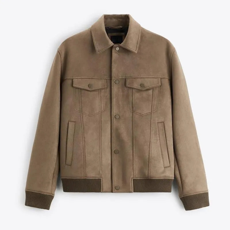 Men's suede velvet commuter jacket in British style with long sleeves