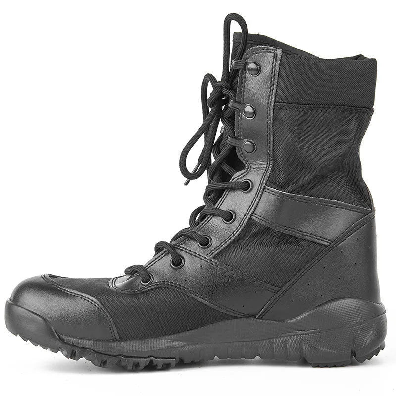Summer Yulong unisex tactical combat and climbing boots in black and sand colours.