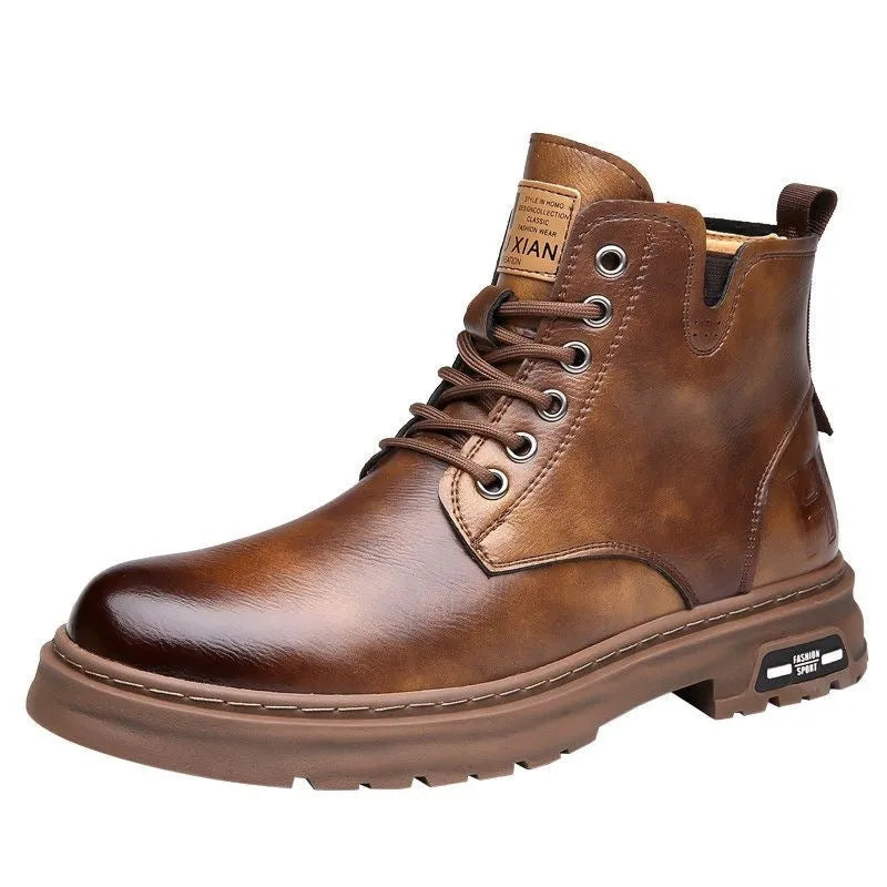 Men's black Martin boots with thick rubber soles and lace-up front, showing round toe and calf-height design
