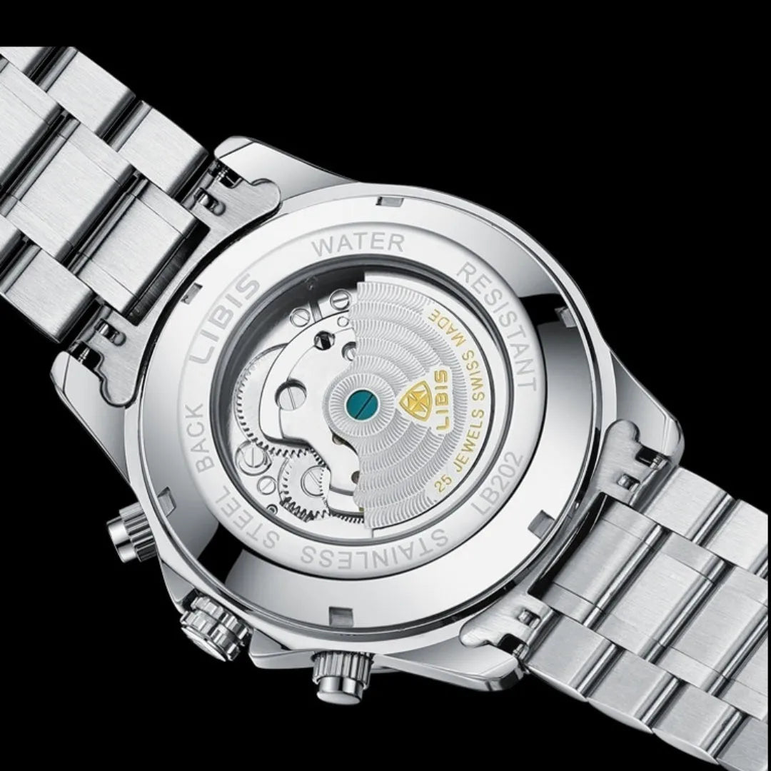 Men's silver automatic perpetual calendar mechanical watch with stainless steel strap on a wrist.