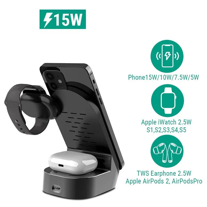 Black grey foldable 3-in-1 wireless charger stand with phone, smartwatch, and earbuds case charging vertically