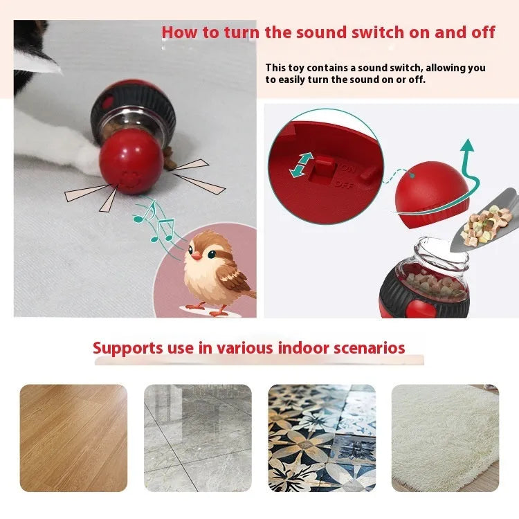 Rotating plastic cat toy with Super Ball colour scheme showing treat-dispensing openings and sound module
