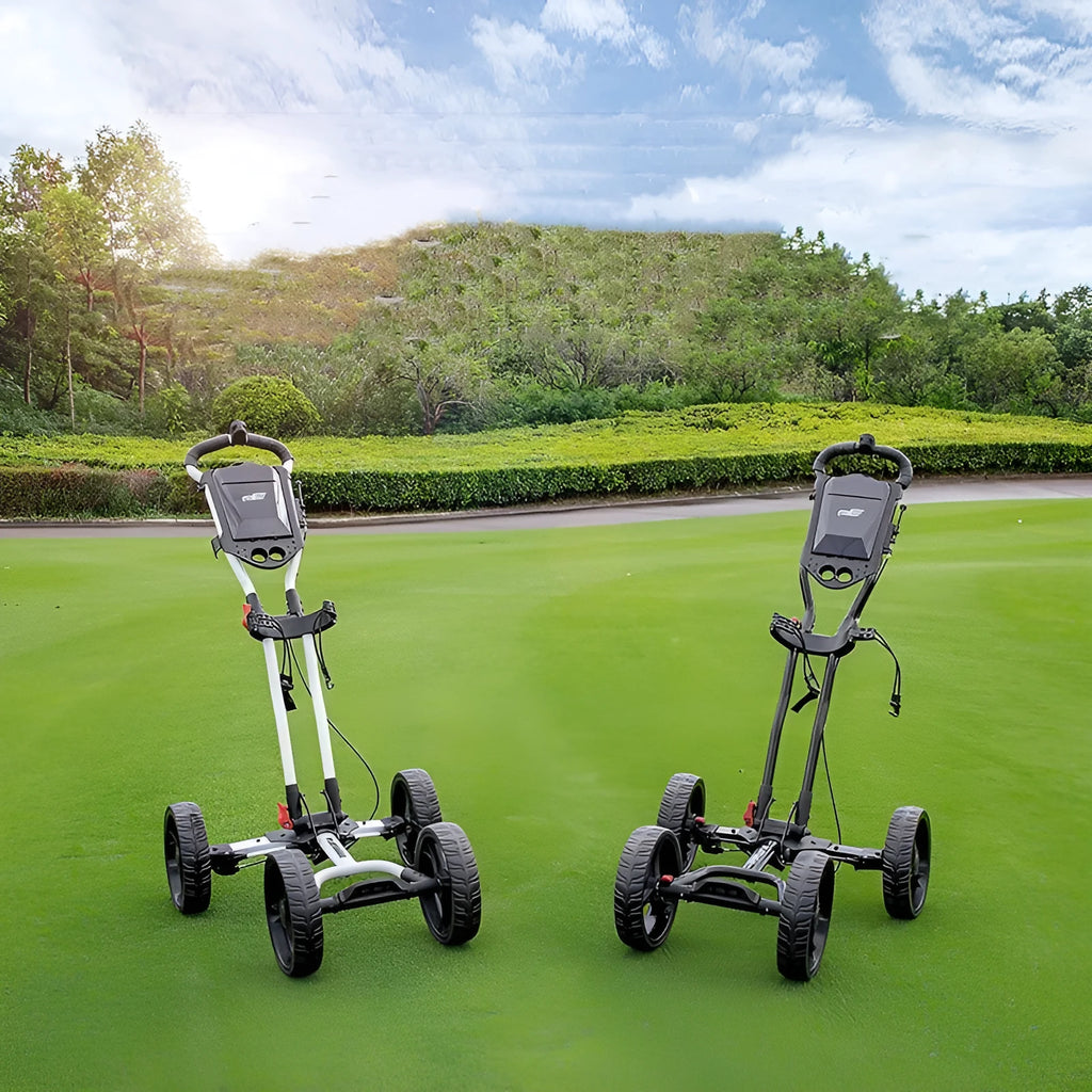 Four-wheel foldable aluminium alloy golf trolley with umbrella rack in black expanded view