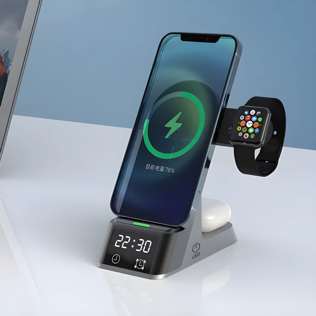 Black six-in-one alarm clock and wireless charging station with digital display and TYPE-C port.