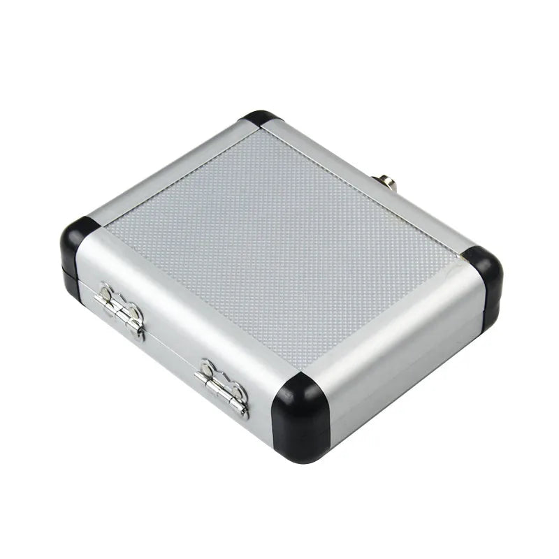 Gold-colour aluminium sliding-lid storage box with steel plate mechanism, shown closed.