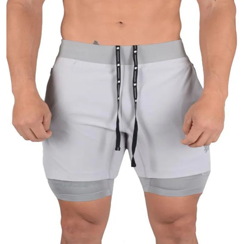 Men's 2-in-1 quick-drying running shorts in grey, featuring double-layer design for phone storage