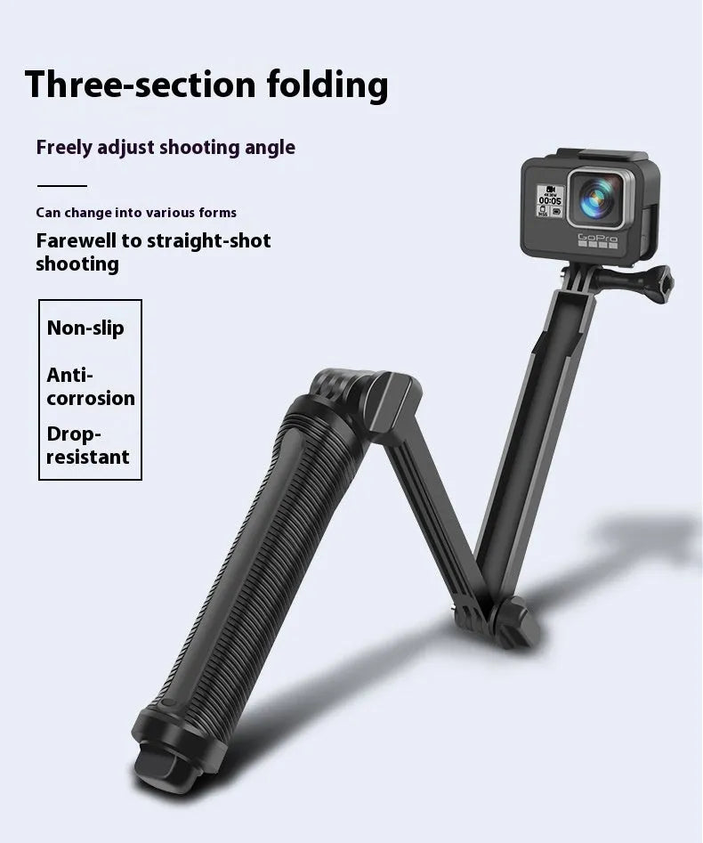 Black folding portable tripod stand for GoPro Hero action cameras on a white background.