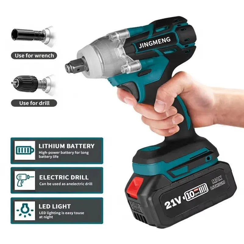 21V brushless electric impact wrench power tool with battery and 12.4mm chuck.