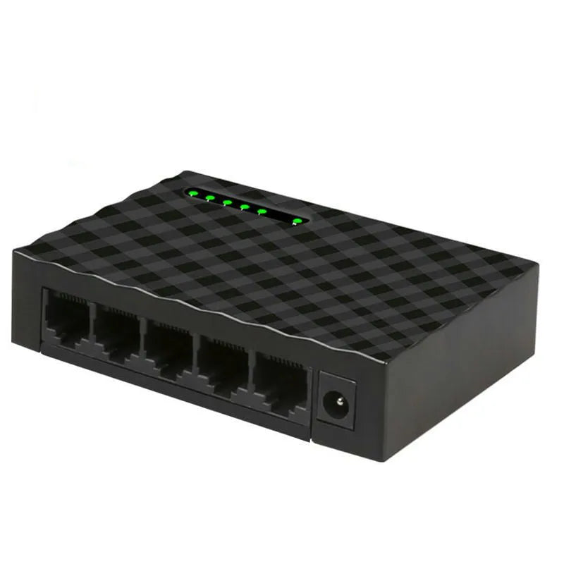 5-port Gigabit Ethernet switch in black with LED lights and RJ45 ports on front panel