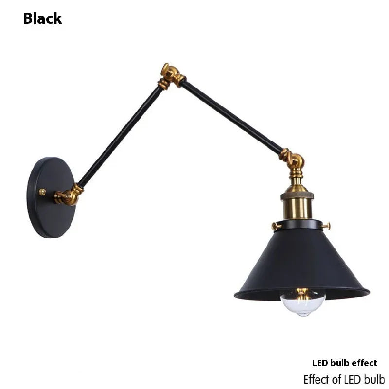 Rocker arm wall lamp with retractable folding arm in iron shade, available in black, gold, or rust