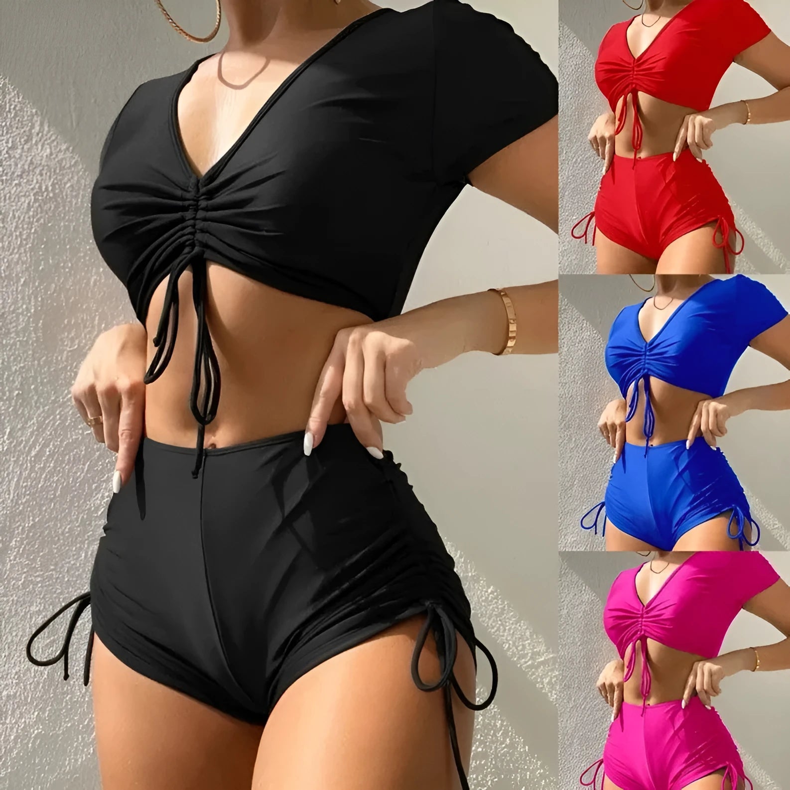 Lady lace-up bow swimsuit set with matching shorts in dark green colour