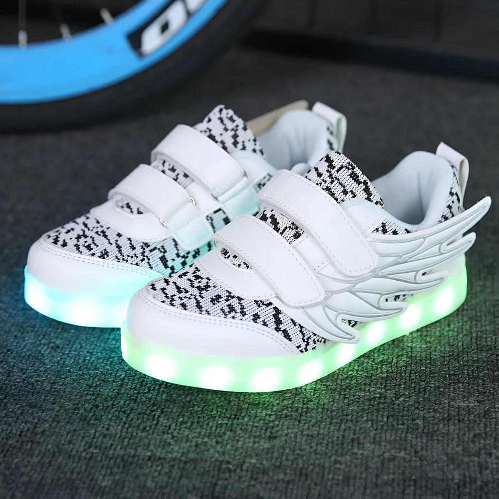 Children's plum red and white LED light up casual sneakers with USB charging port.