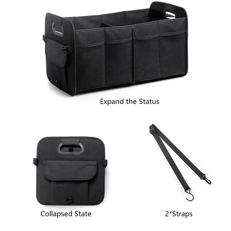 Foldable black car boot storage box with compartments and carry handle showing 56x32x32 cm dimensions