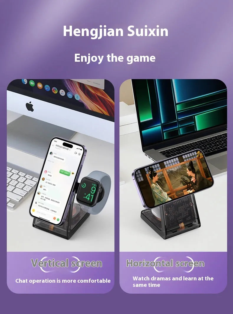Transparent three-in-one wireless charger with magnetic stand and Type-C port charging a phone, watch, and earbuds
