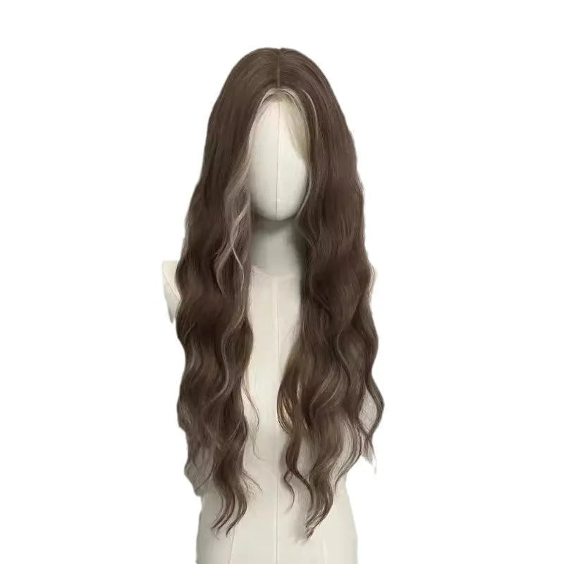 Long curly grey gold synthetic wig with lace front and highlights.