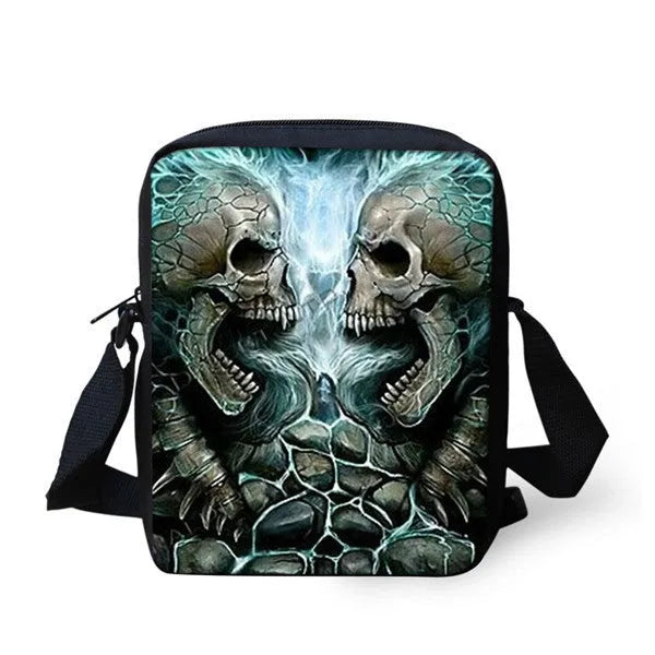 Children's medium messenger bag with skull design, showing adjustable straps and zip opening.