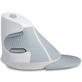 Black M618 wireless vertical ergonomic mouse on a desk next to a laptop, showing its contoured shape and scroll wheel.