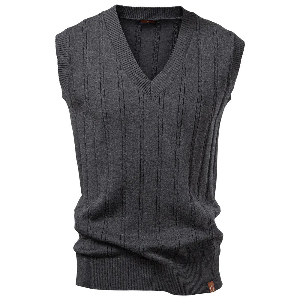Men's V-neck twist sweater vest in dark blue, slim fit pullover style, chemical fibre blend