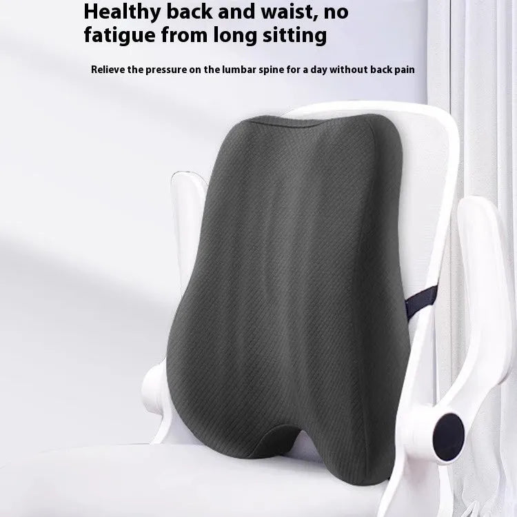 Grey lumbar support cushion for office chair measuring 40cm wide, shown next to navy blue and pink colour options.