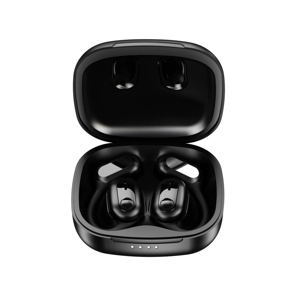 Ear-mounted Bluetooth headset in electroplated black with ear hook design on white background