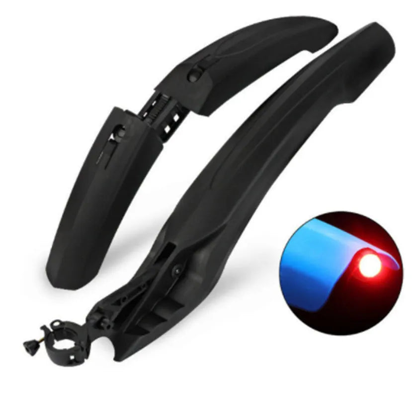 Mountain bike mudguard with quick-release mechanism and rear LED tail light on a bike front fork