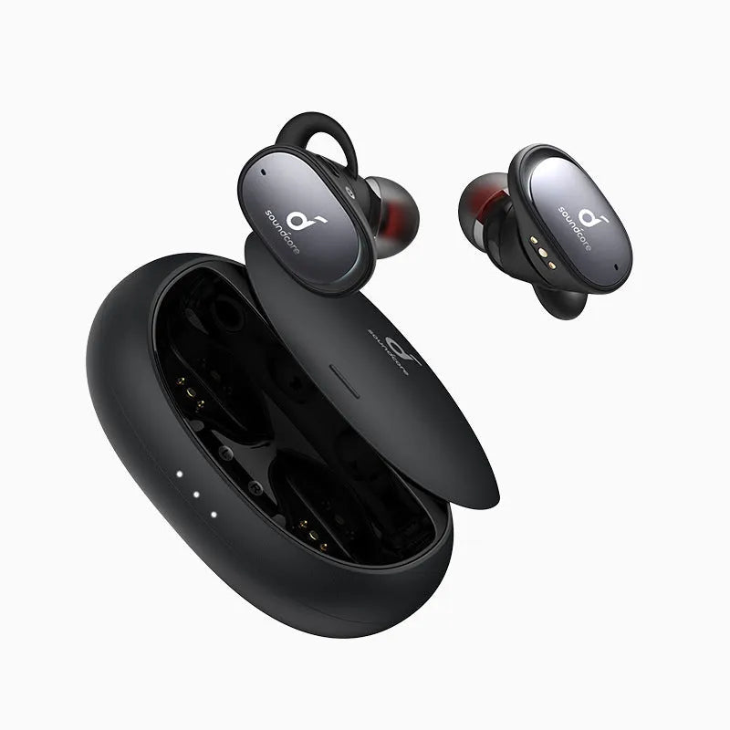 Black in-ear Bluetooth headset with dual earbuds and Bluetooth 5.0 for stereo calls and music