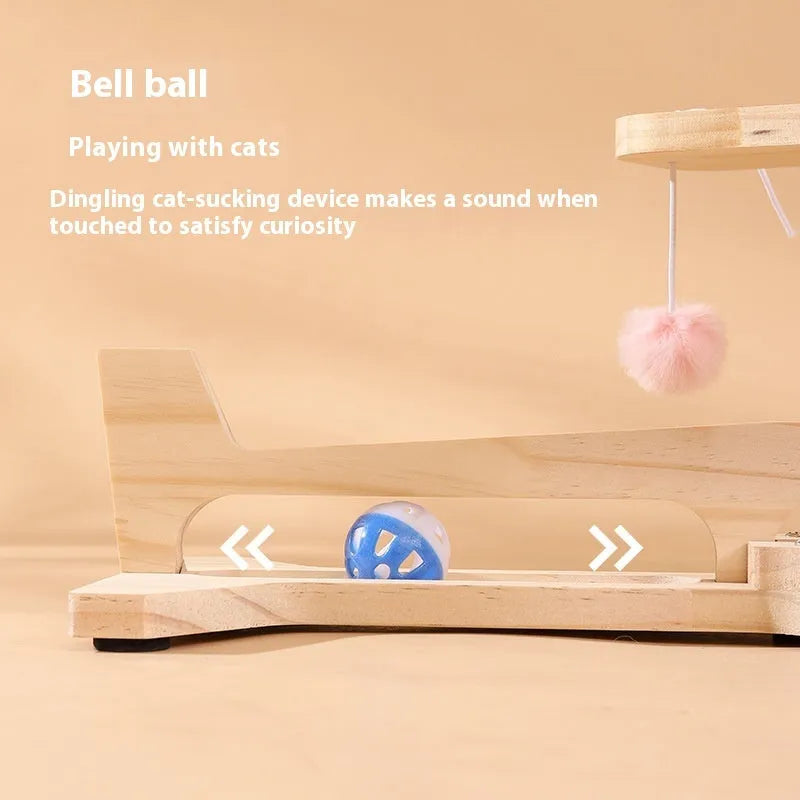 Solid wood cat scratch board toy with a rotating turntable and a ball, shown in a panda-themed design.