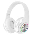 Wireless Bluetooth gaming headset in black, shown with LED breathing lights and a head-mounted design.