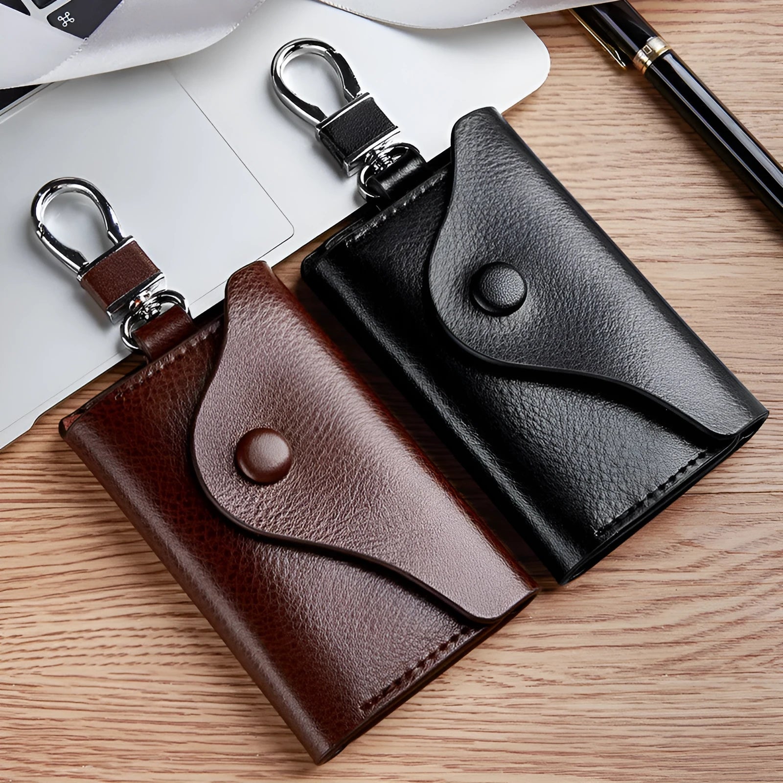 Men's genuine leather keychain card holder in square vertical design with key organisation system