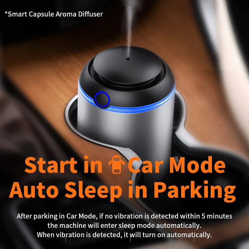 USB car aroma diffuser with wooden grain finish, 2000mAh battery, and 10ml oil bottle