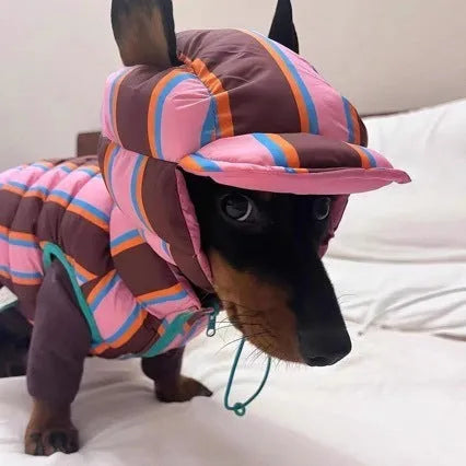 Dirty pink striped dog vest with matching hat for small dogs in winter.
