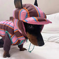 Dirty pink striped dog vest with matching hat for small dogs in winter.
