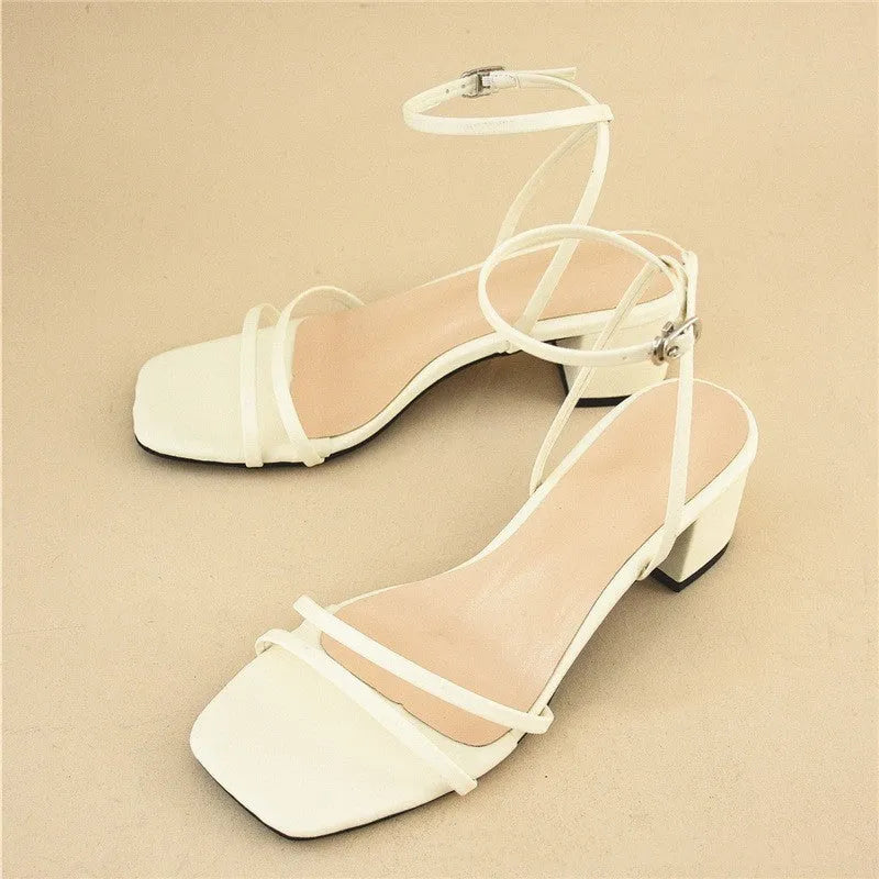 Beige women's square toe stiletto sandals with chunky heel and ankle buckle