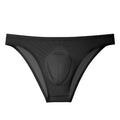 Men's seamless ice silk briefs in a black stripe colour, showing ultra-thin low waist design.